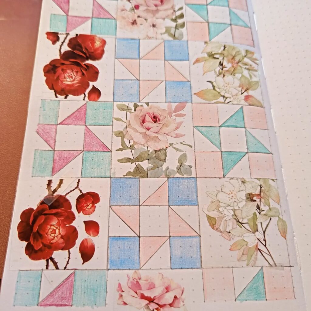 Floral and geometric tile pattern with red roses and pastel colors, combining elegance and symmetry in design.