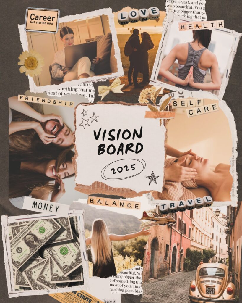 Vision board for 2025 with themes: career, love, health, self-care, friendship, money, balance, and travel.
