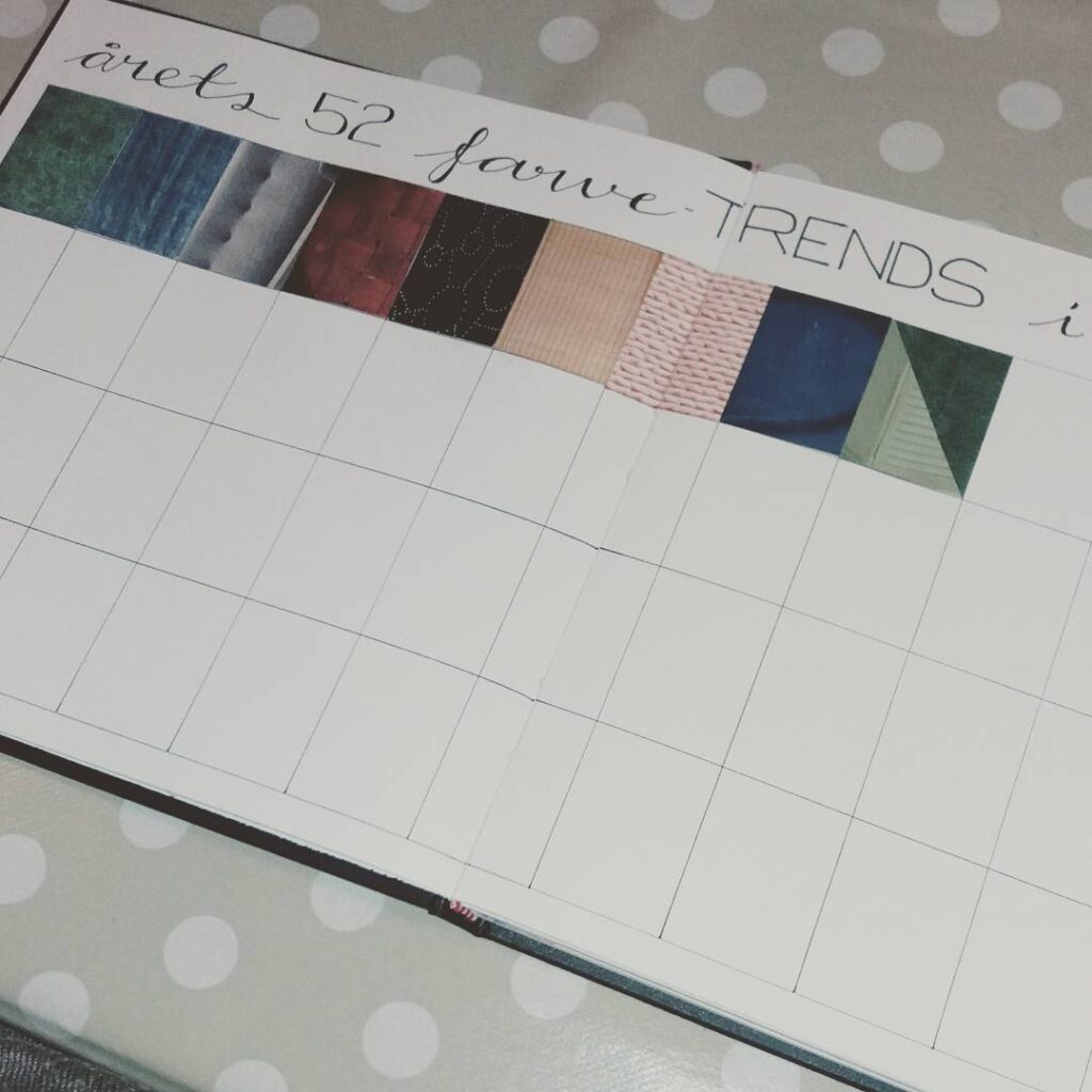 Open notebook with grid layout and colorful fabric samples for planning yearly fabric trends.
