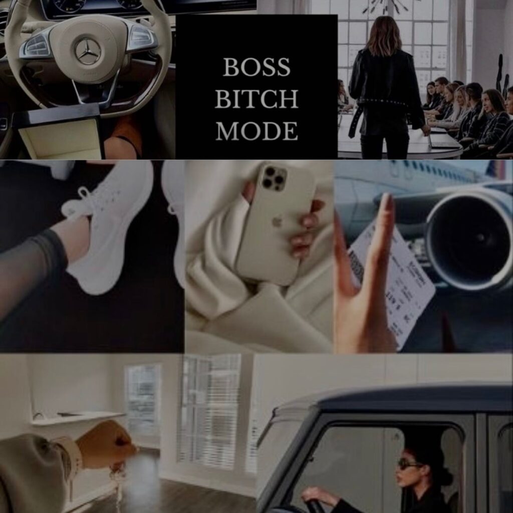 Collage: luxury lifestyle, woman leader, travel, fashion, car, designer sneakers, iPhone, keys. Boss mode vibes.