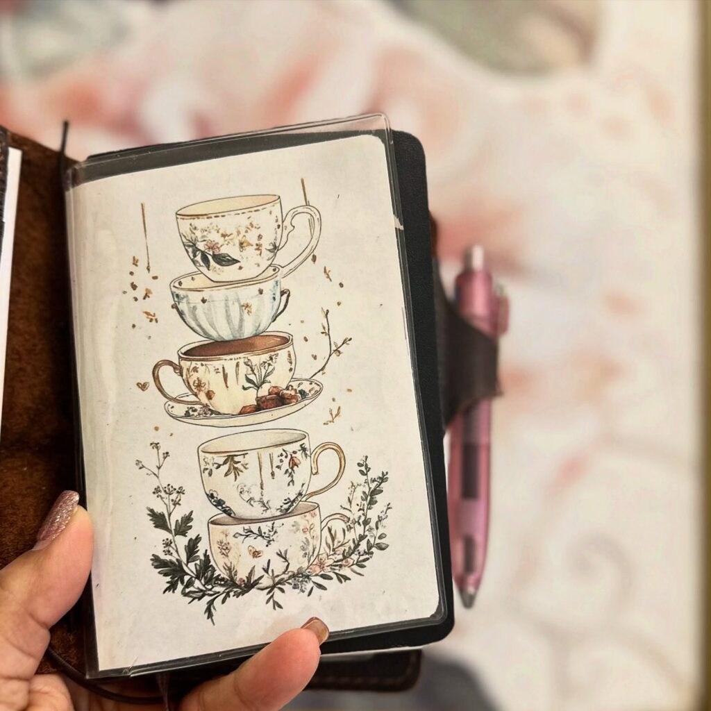 Illustrated teacups stacked in a notebook held by hand, with a pen tucked in a leather cover pocket.