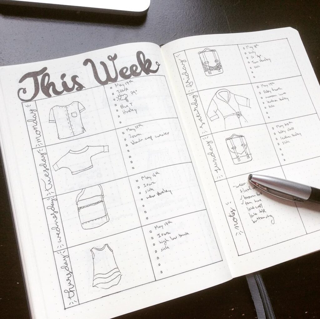 Weekly planner with clothing sketches and notes, organized by day. Pen placed on open journal pages.