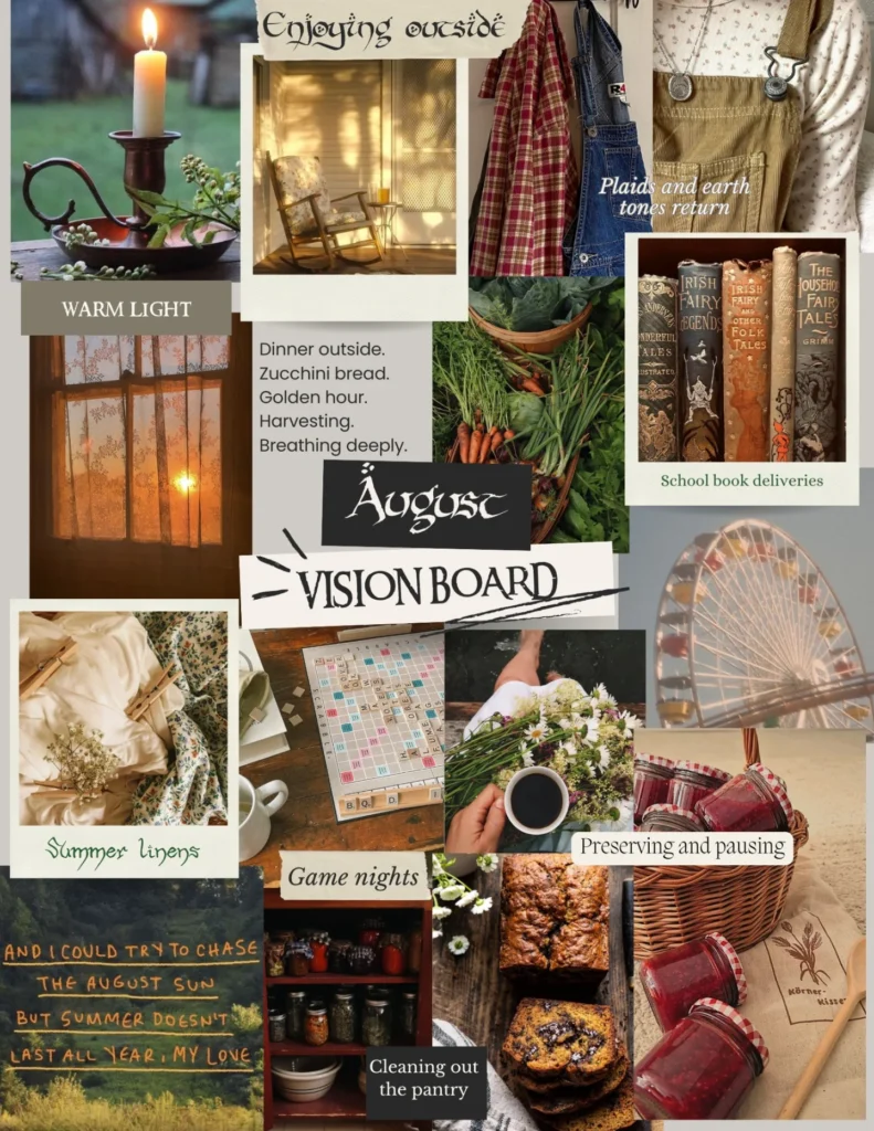 August vision board featuring cozy home scenes, summer linens, golden light, homemade preserves, and game nights.