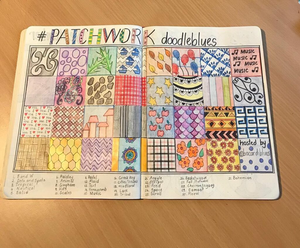 Colorful patchwork pattern doodles in a notebook, featuring various designs and styles, with a theme list below.
