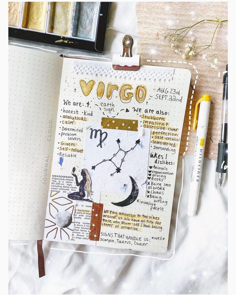 Bullet journal page highlighting Virgo traits with constellation sketch, surrounded by art supplies and flowers.