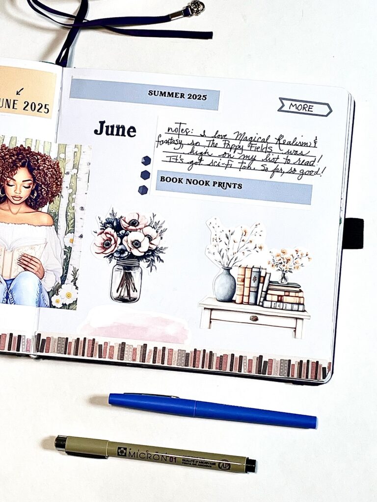 June bullet journal spread with summer theme, featuring sketches, floral decor, books, and handwritten notes.