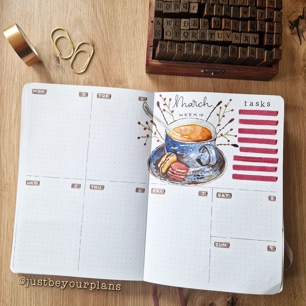 Bullet journal open to March weekly layout with coffee illustration and task list.