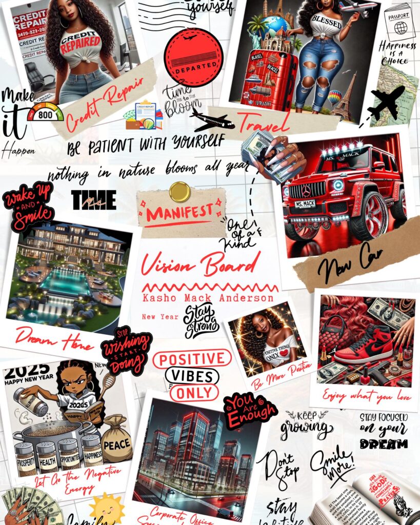 Vision board collage with themes of credit repair, travel, positivity, new car, dream home, and personal growth.