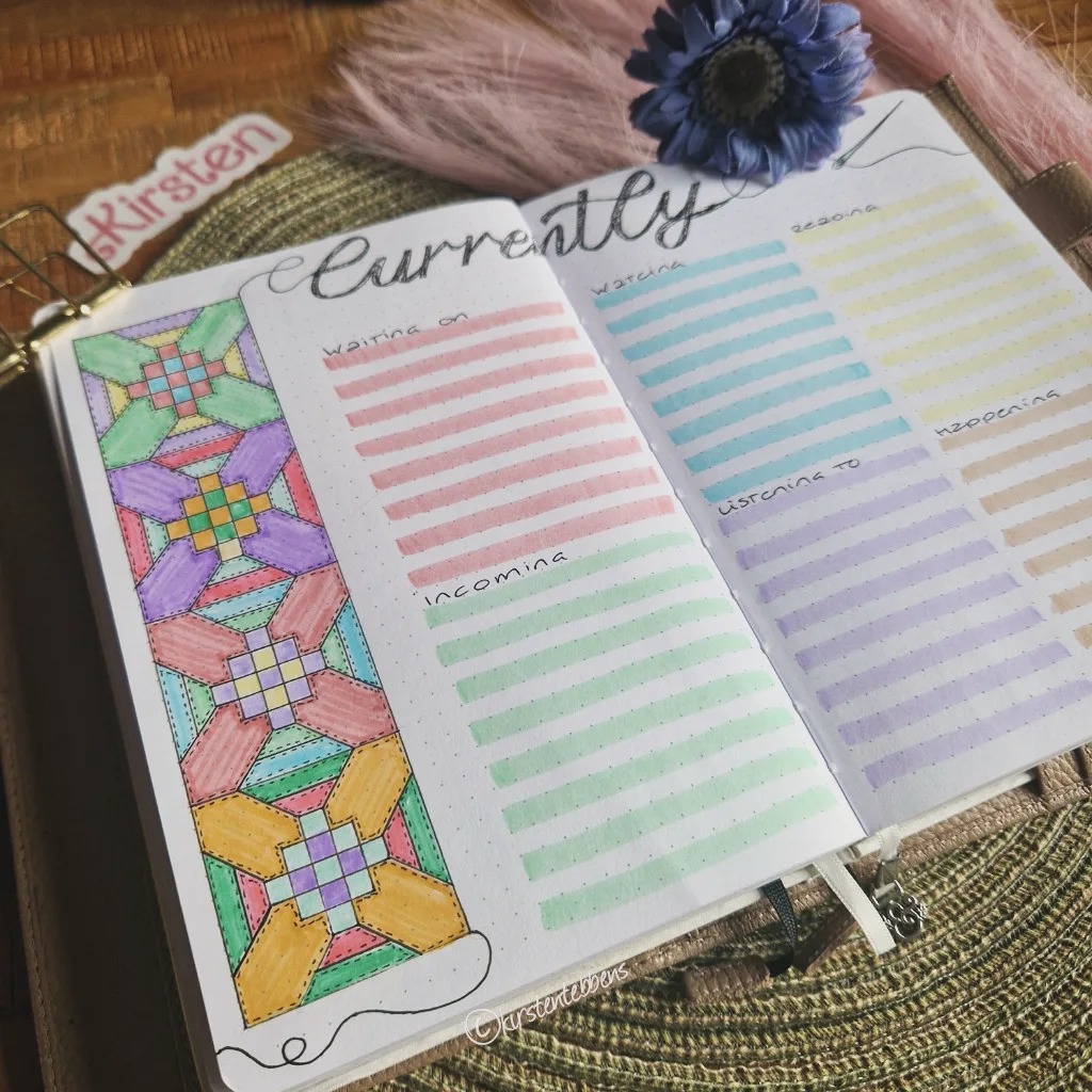 Colorful bullet journal layout with floral doodles and organized sections for tasks and goals on a textured background.