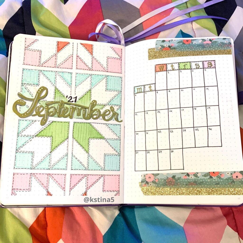 Bullet journal spread for September 2021, featuring a decorative geometric design and handwritten calendar.