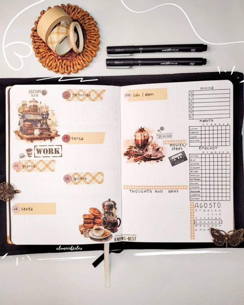 Decorative bullet journal spread with coffee theme, pens, and washi tapes on a desk. Cup of coffee and pastries illustration.