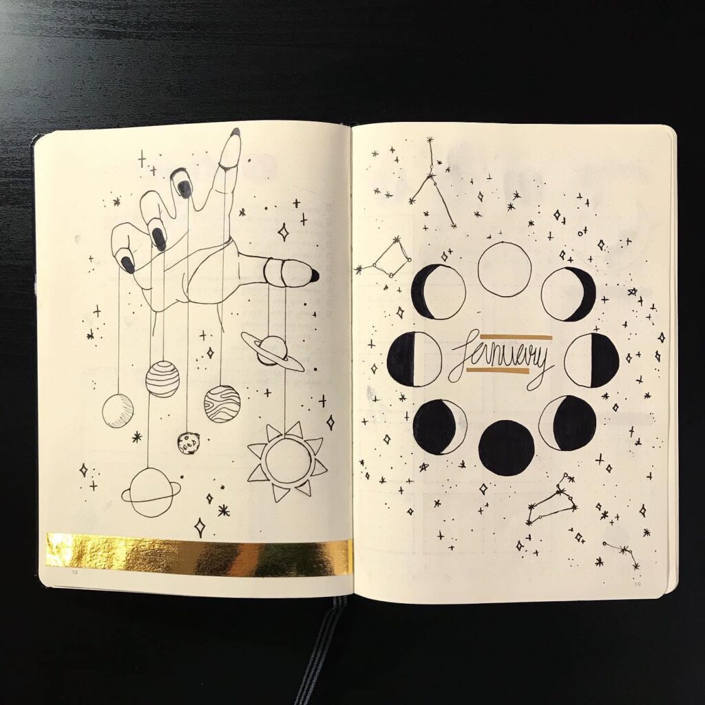 Notebook spread with celestial drawings and moon phases for January, featuring planets and stars on black paper.