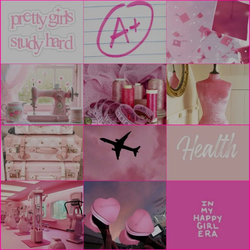 Collage of pink-themed items: study notes, sewing tools, fashion, travel, fitness, and positive affirmations.