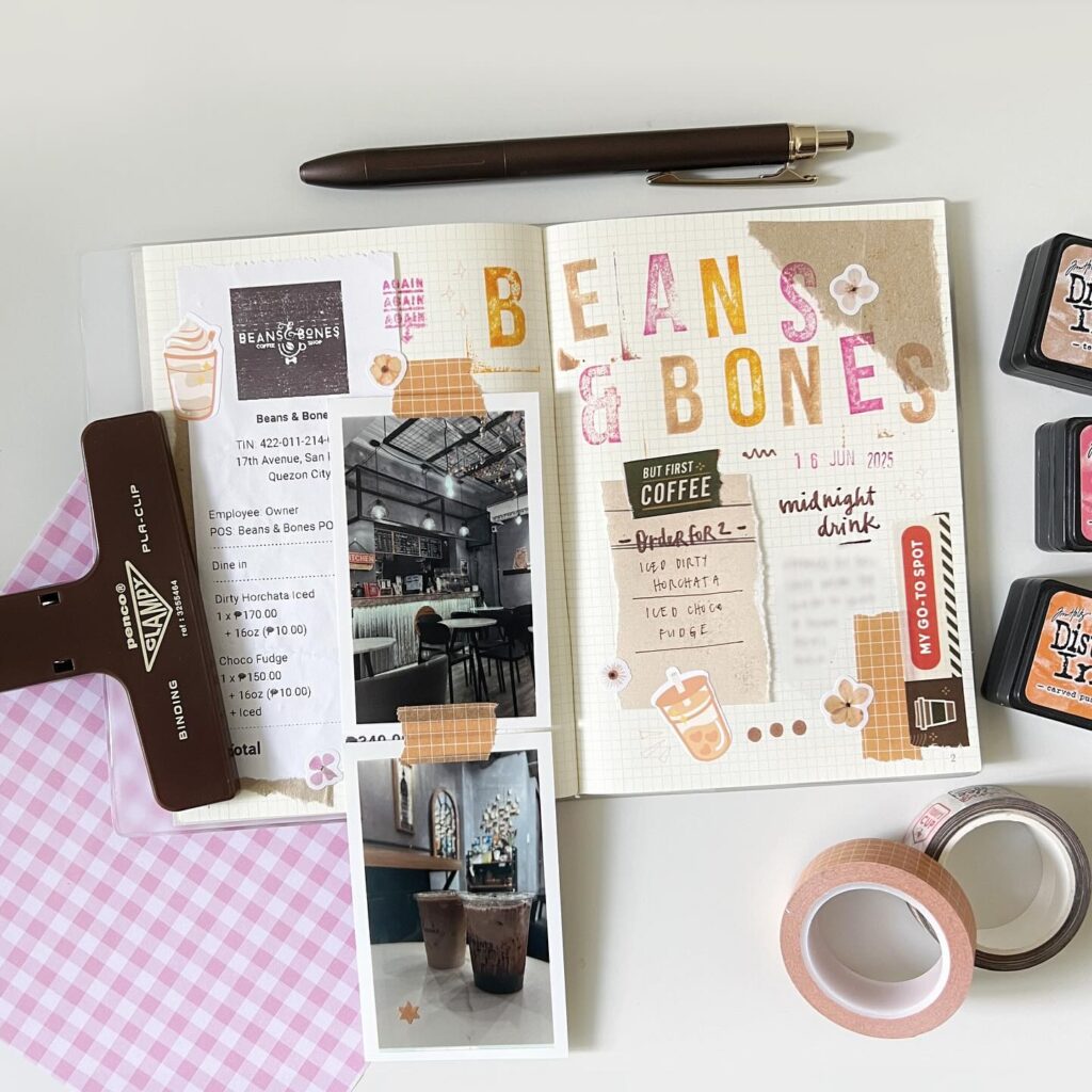 Creative scrapbook layout featuring Beans & Bones cafe details, photos, and stationery items like stamps and washi tape.
