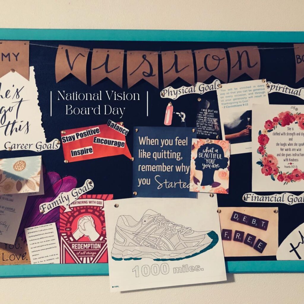 Inspiring vision board with motivational quotes for National Vision Board Day, featuring career and personal goals.