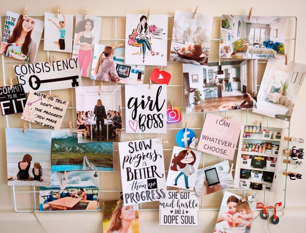 Inspiration board with fitness, home decor, motivational quotes, and family moments for personal growth and success.