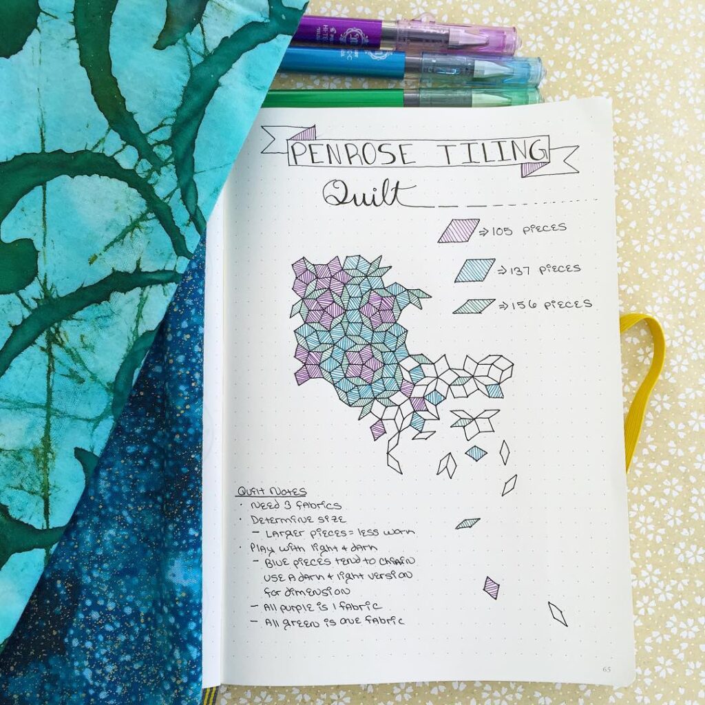 Quilt design with Penrose tiling pattern and notes in a sketchbook, next to fabrics and pens.