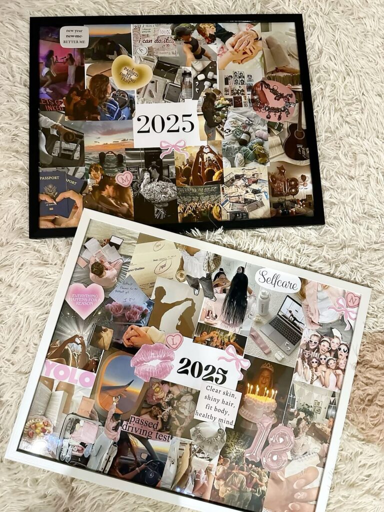 Two 2025 vision boards with goals and aspirations, featuring images of travel, fitness, self-care, and celebrations.