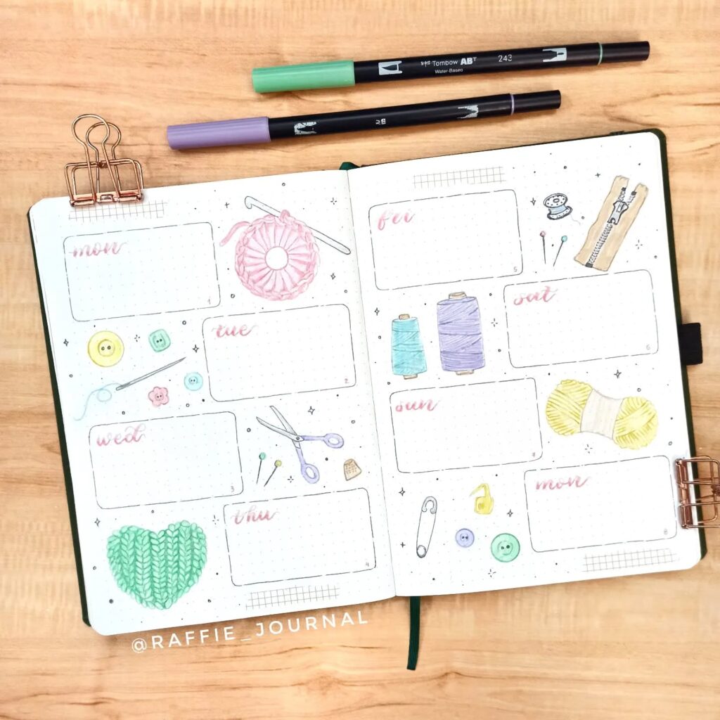 Bullet journal layout with sewing theme, featuring yarn, buttons, scissors, and thread spools on a wooden table.
