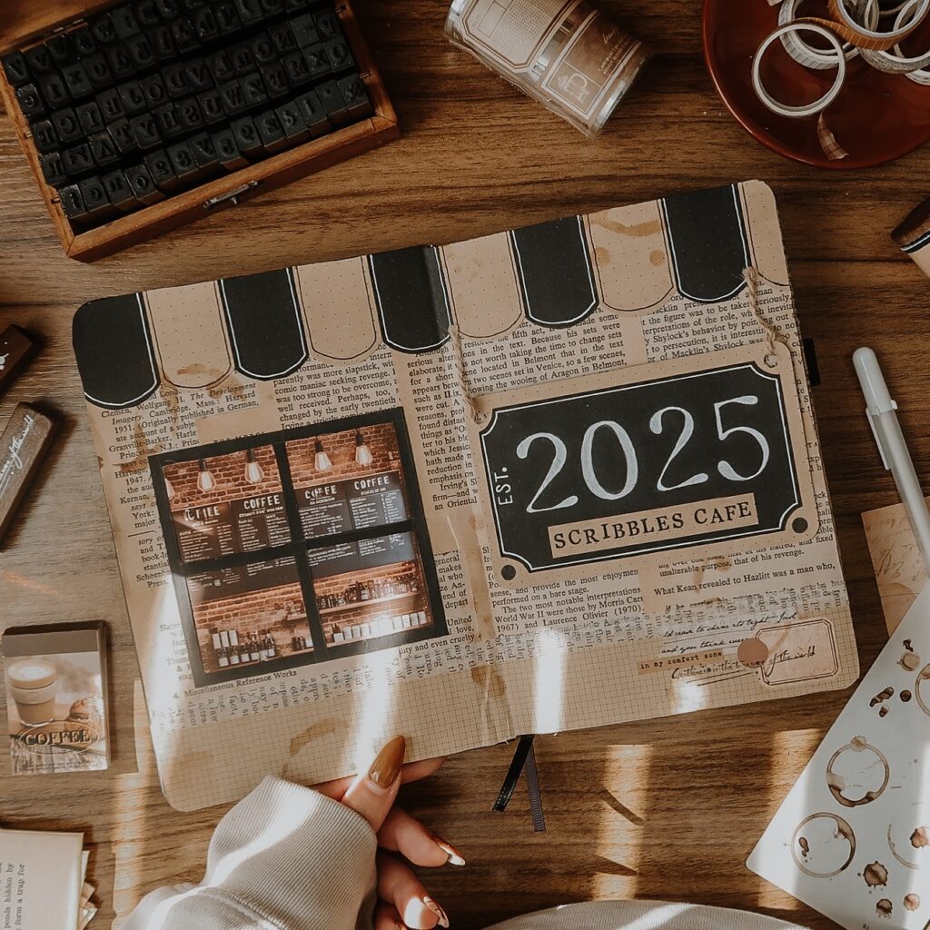 Vintage scrapbook page featuring Scribbles Cafe with coffee menu and decor elements.