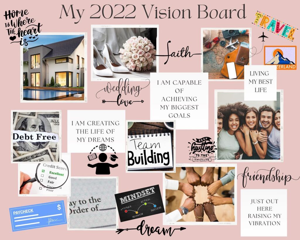 Vision board with goals, dreams, and aspirations for 2022, including travel, debt-free, wedding, home, friendships, and success.