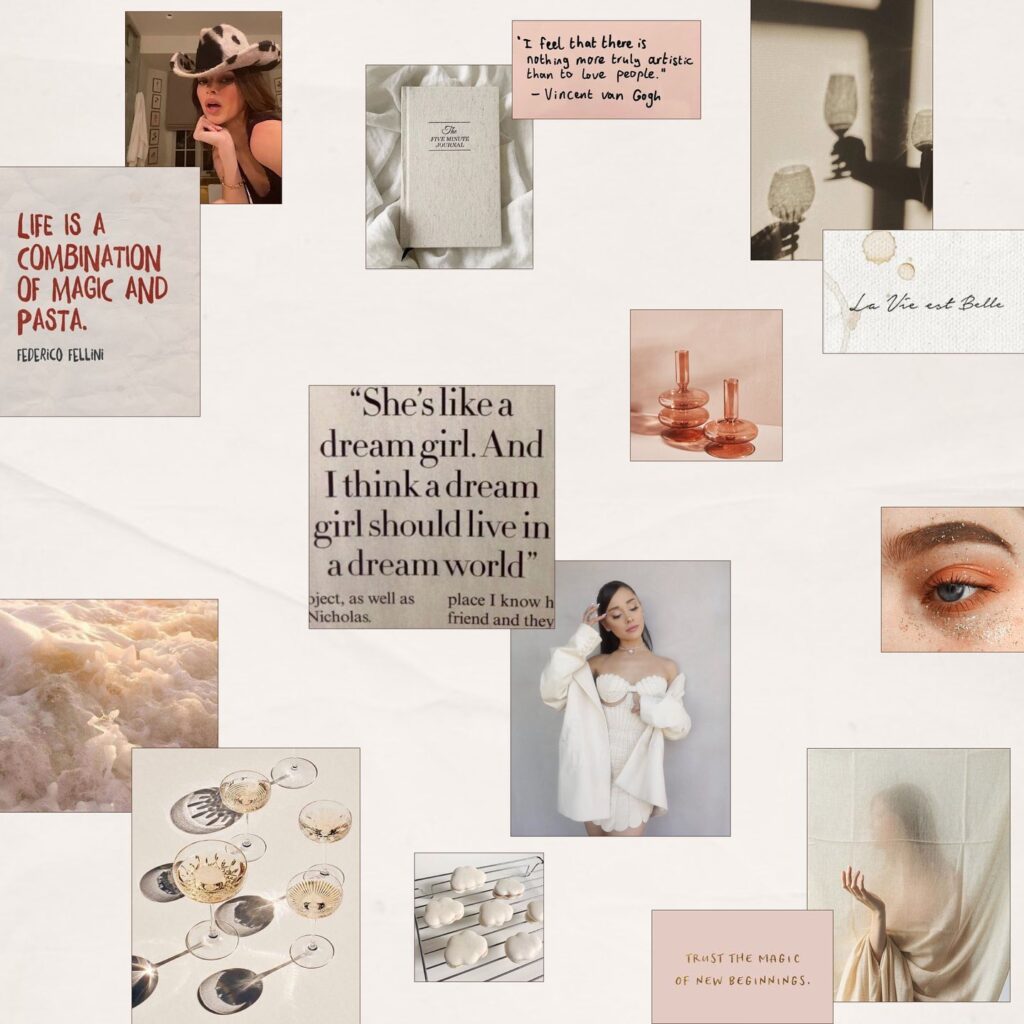 Collage with quotes, aesthetic images, and fashion elements, creating an inspiring and dreamy atmosphere.
