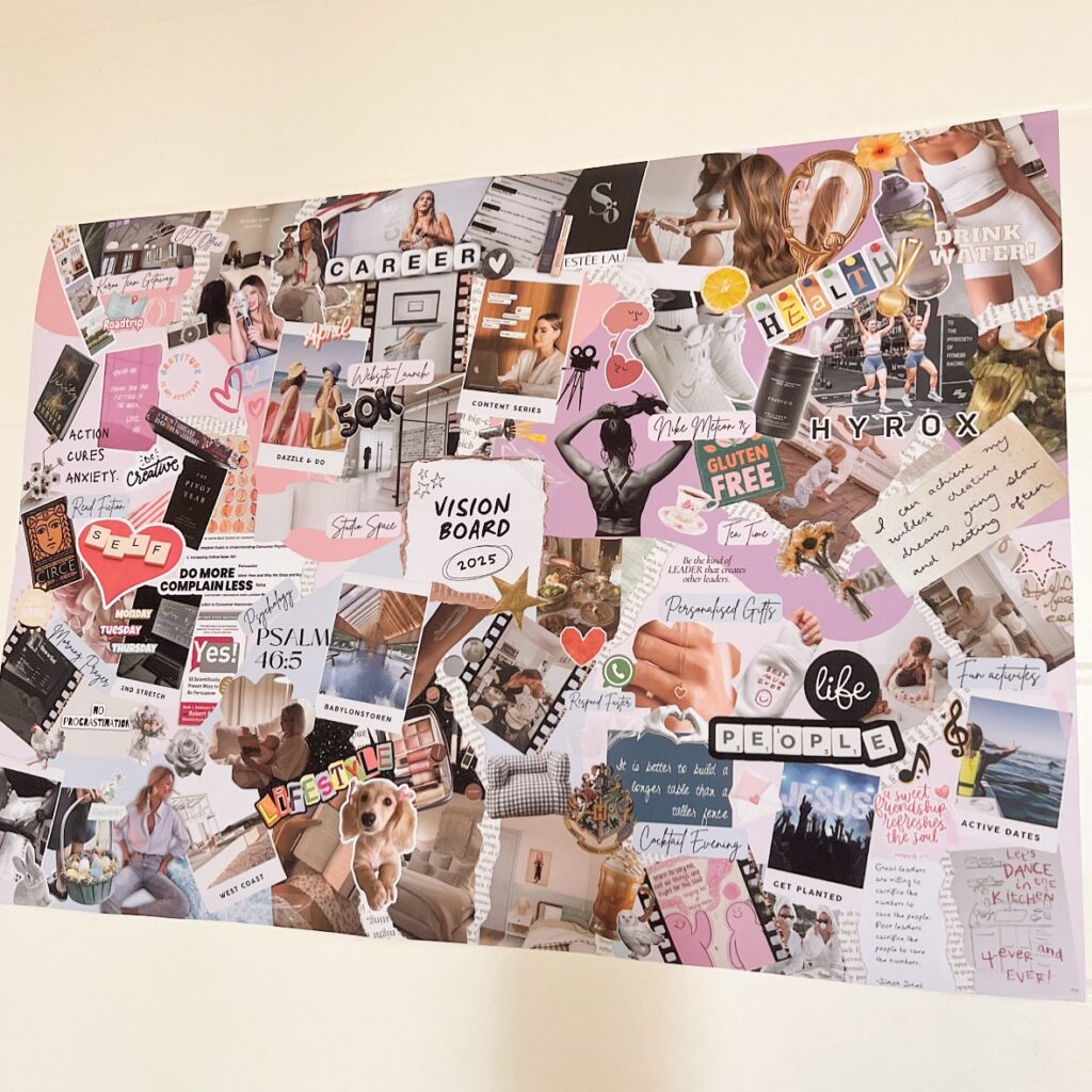 Vision board 2025 with health, career, lifestyle goals, motivational quotes, and vibrant images for inspiration.