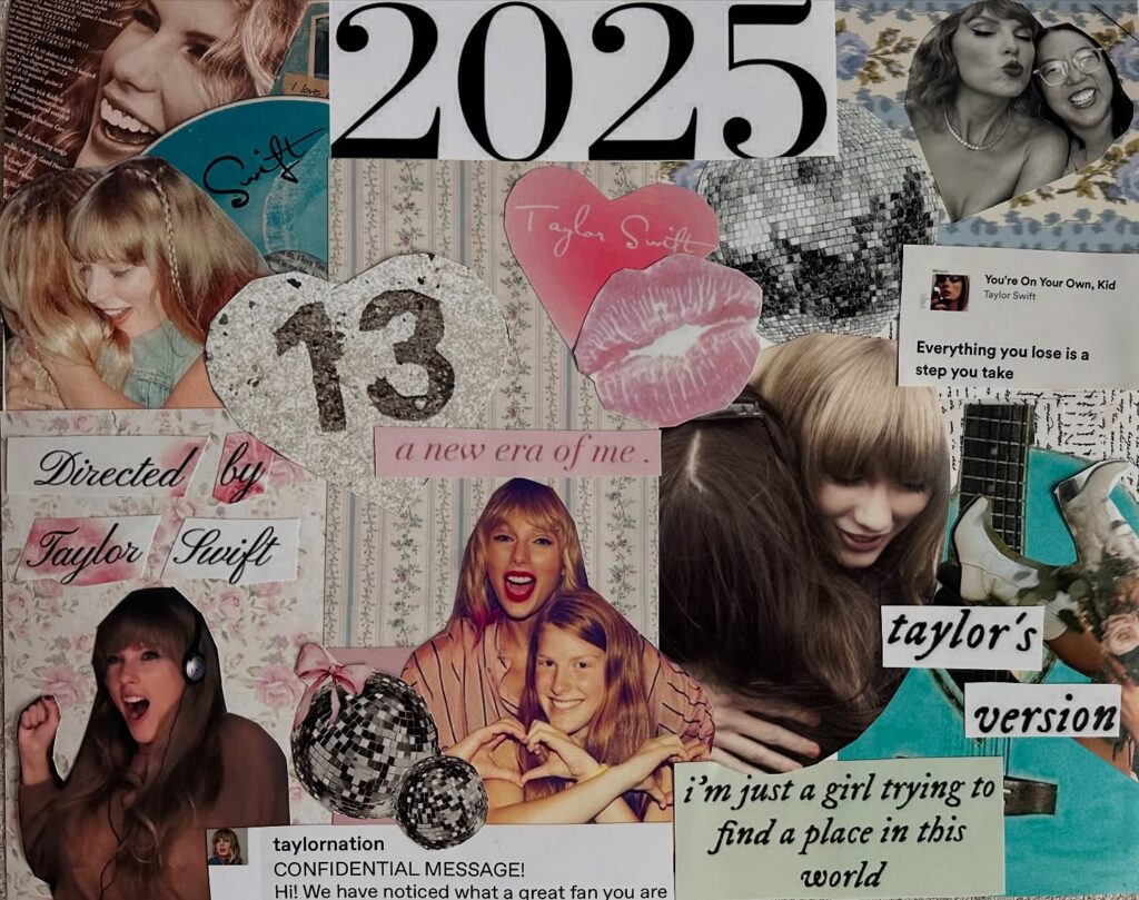 Taylor Swift 2025 collage with album art, number 13, quotes, and photos. A new era of me theme with fans.