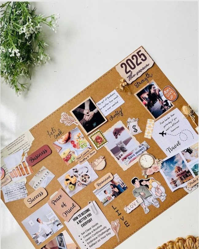 Vision board with goals for 2025, including travel, business success, cooking, and personal growth.