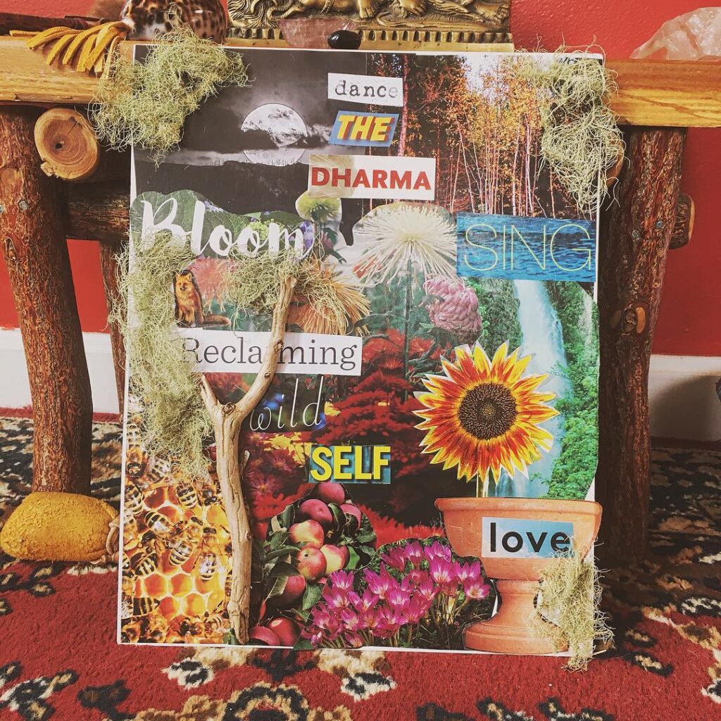 Vibrant vision board with nature images, inspiring words, and a sunflower, enhancing mood and motivation.