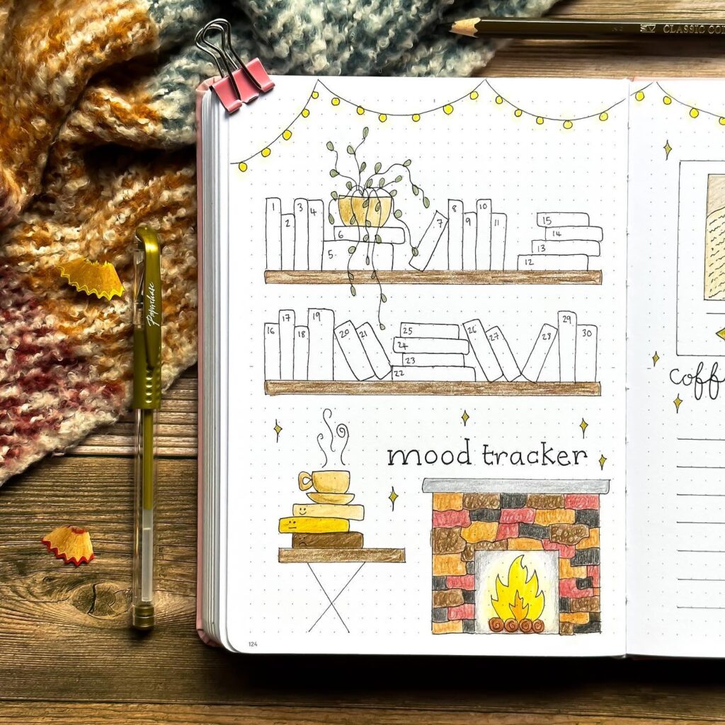 Decorative mood tracker with bookshelf, plant, steaming coffee, and fireplace on a cozy journal page.