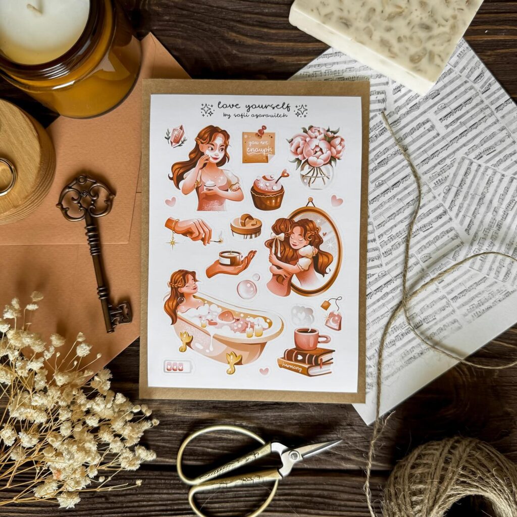 Self-care sticker sheet with illustrations of relaxation and positivity on a cozy wooden table setup.