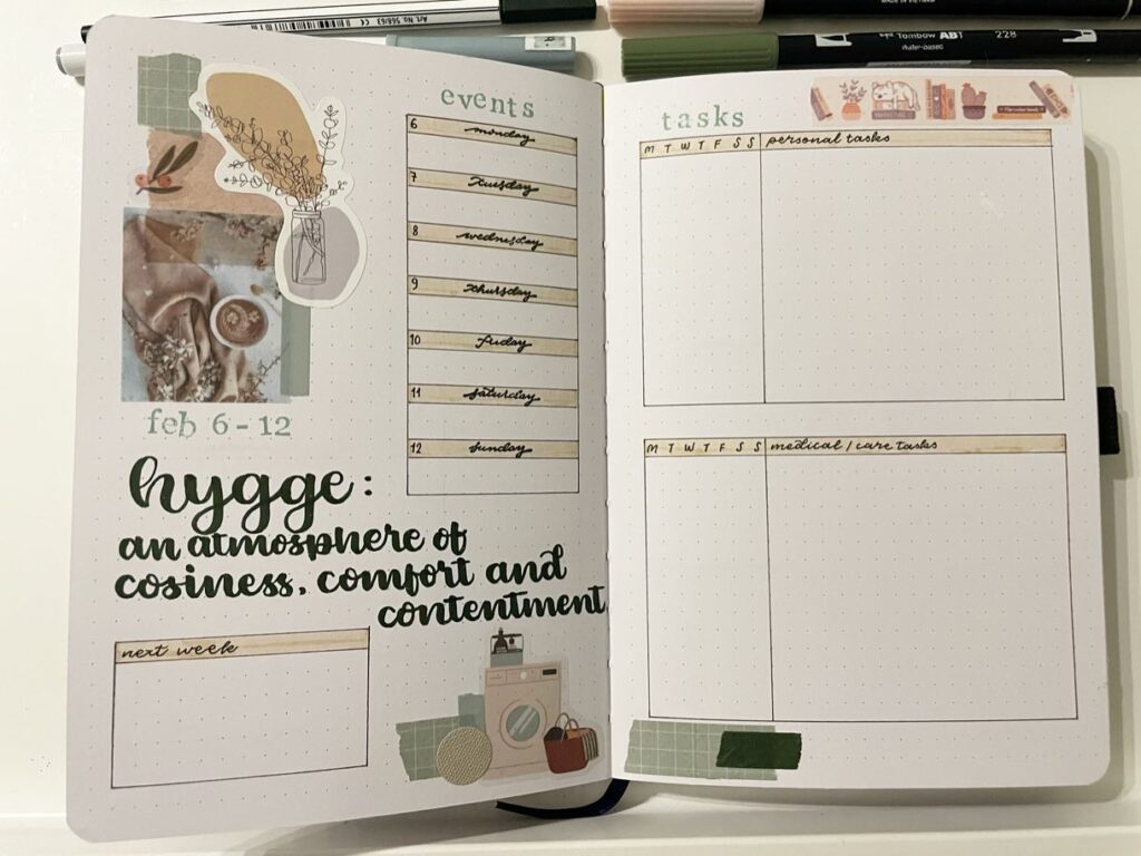 Open planner spread with Hygge theme, tasks, and events for February 6-12, emphasizing coziness and comfort.