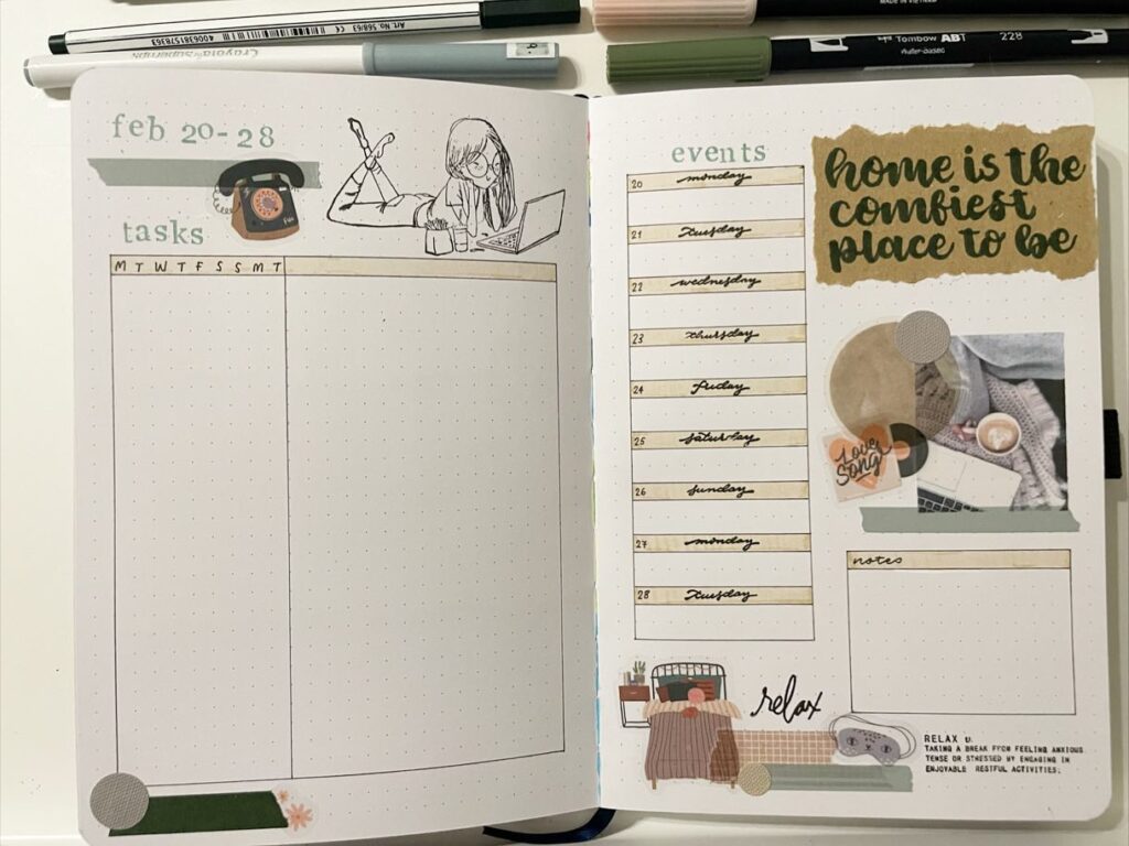 Bullet journal spread for February 20-28, featuring tasks, events, motivational text: home is the comfiest place to be.