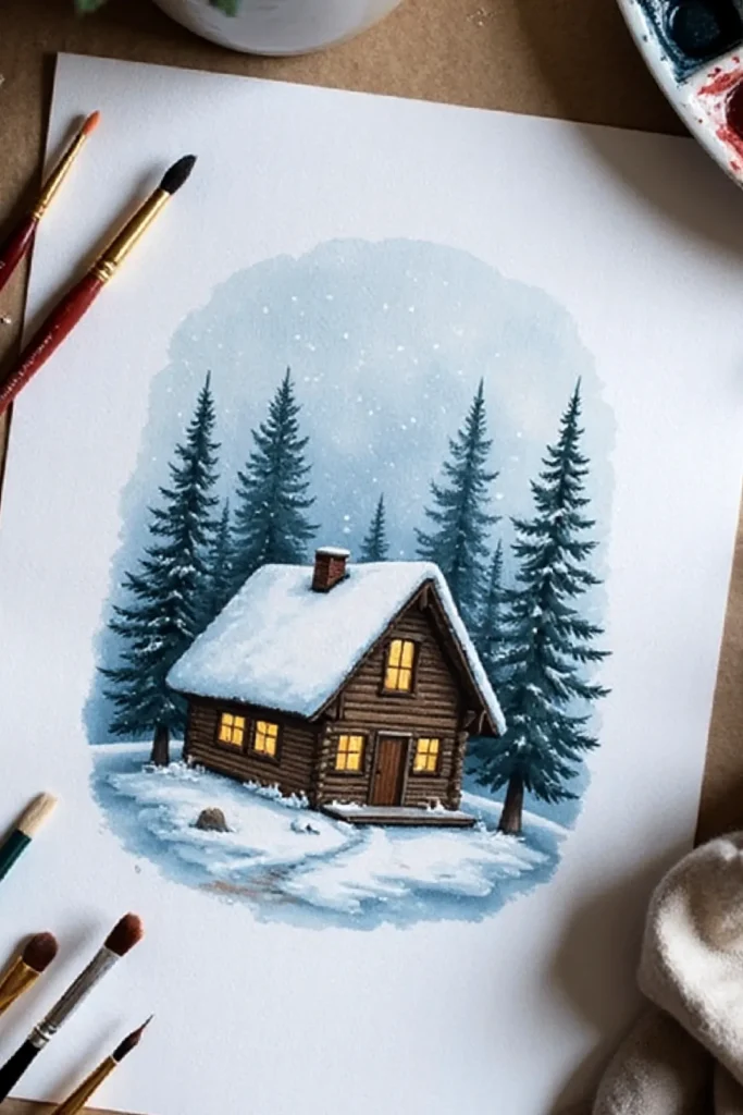 Watercolor painting of a cozy snow-covered cabin in a forest, surrounded by tall pine trees, with art supplies nearby.