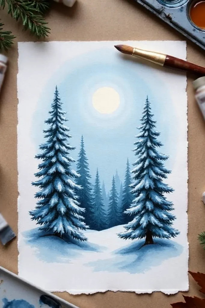 Painting of snowy pine trees under a full winter moon, surrounded by art supplies on canvas.