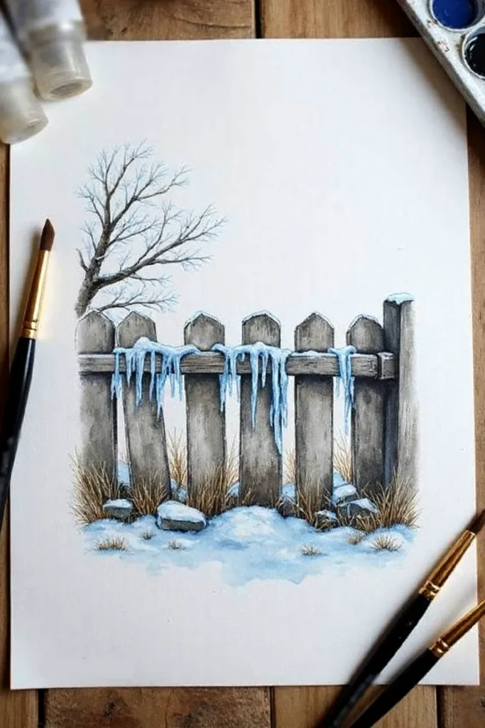 Watercolor painting of a snowy fence with icicles and a tree, surrounded by art supplies on a wooden table.