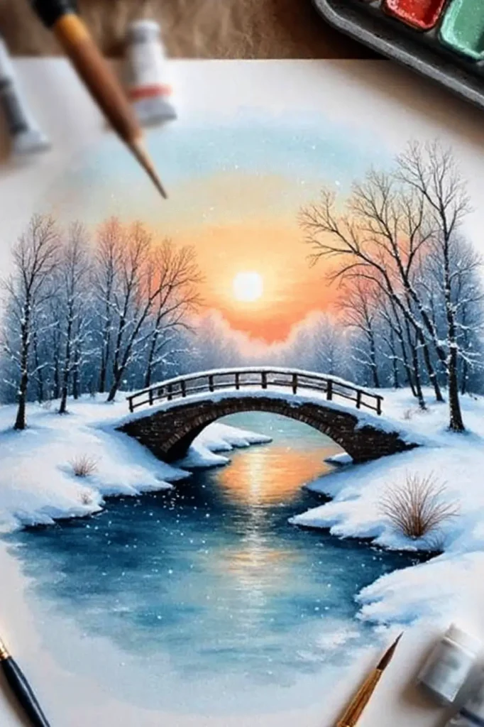 Watercolor painting of a snowy landscape with a bridge and sunset reflecting on a river, surrounded by bare trees.