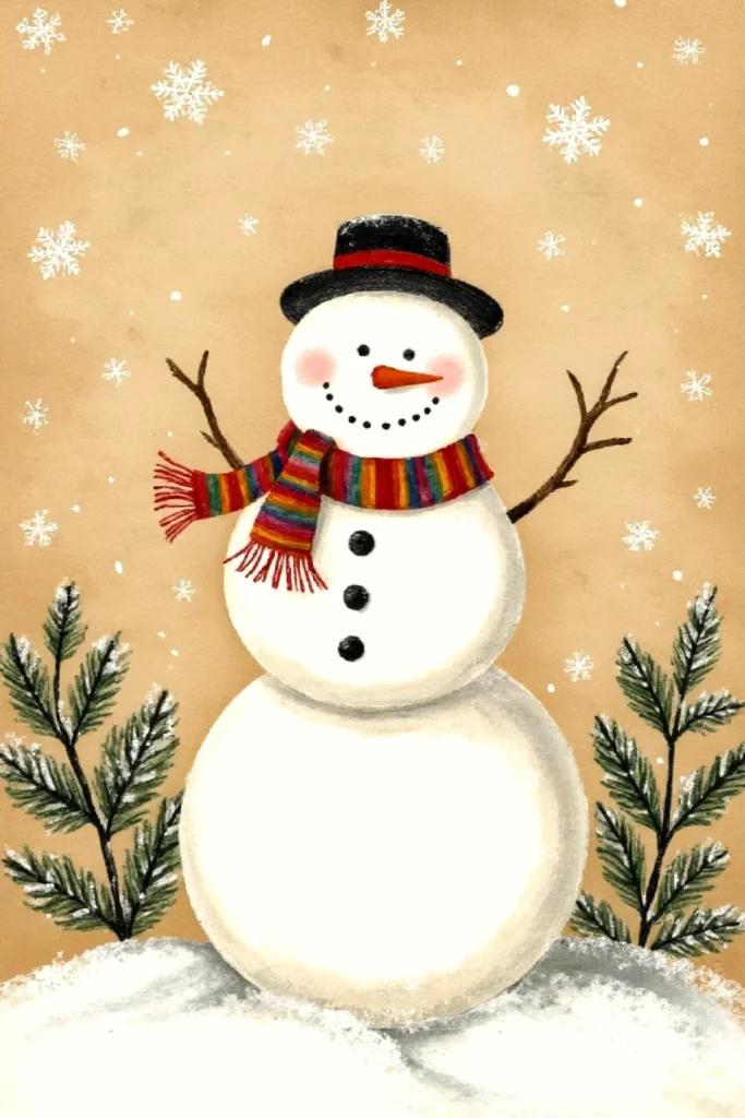 Festive snowman with a colorful scarf and hat, surrounded by falling snowflakes and snow-covered trees.