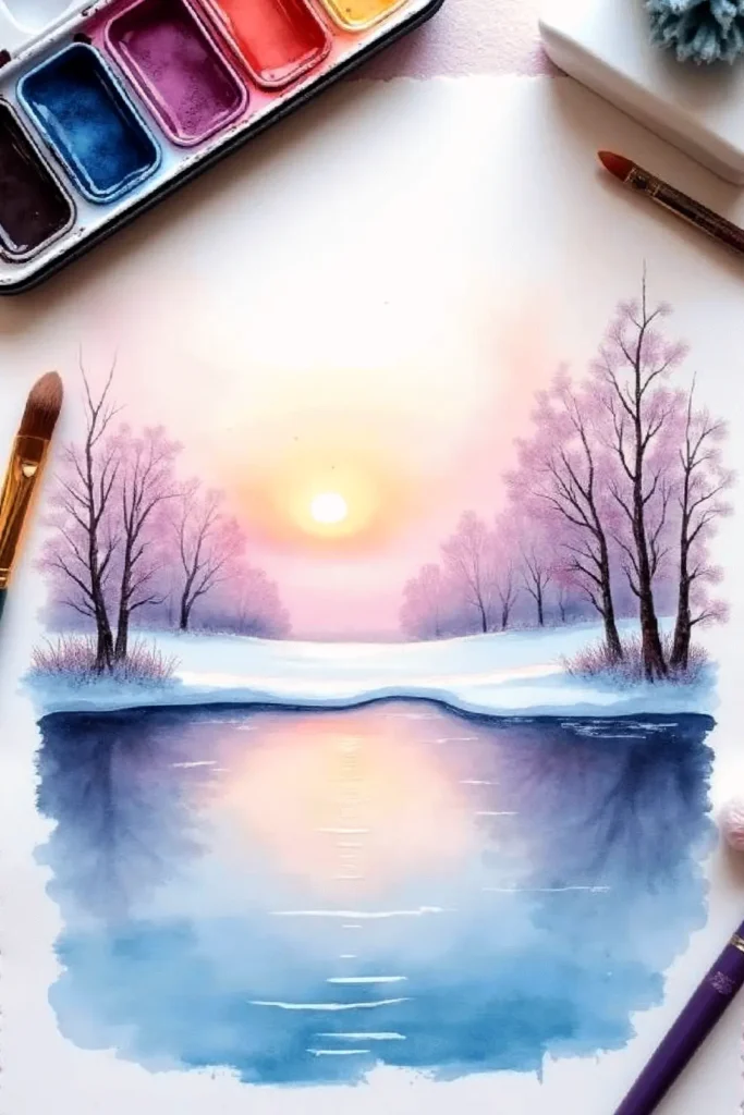 Watercolor painting of a serene winter sunset with snowy trees and a reflecting lake, surrounded by art supplies.