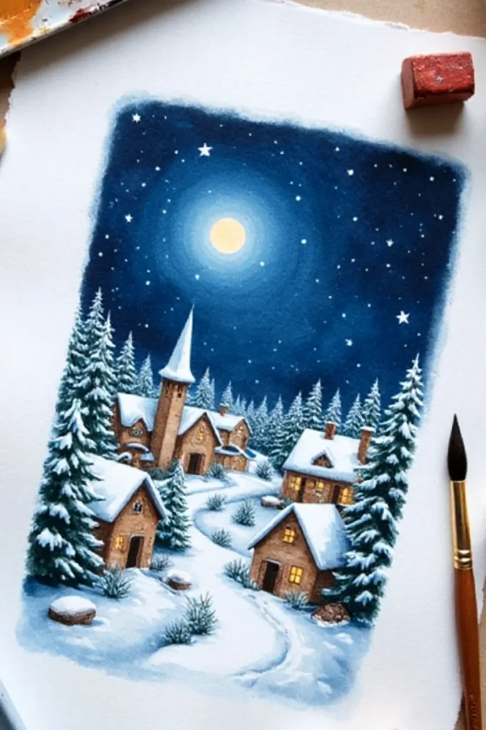 Watercolor painting of a snowy village under a starry night sky with a full moon, surrounded by pine trees.