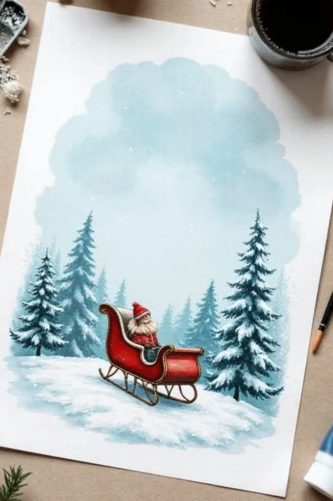 Illustration of Santa in a red sleigh, surrounded by snowy evergreen trees and a cloudy winter sky.