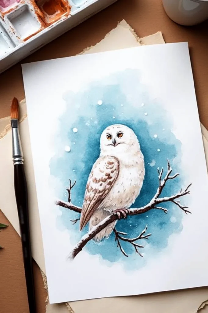 Snowy owl watercolor painting on paper with a brush beside it.