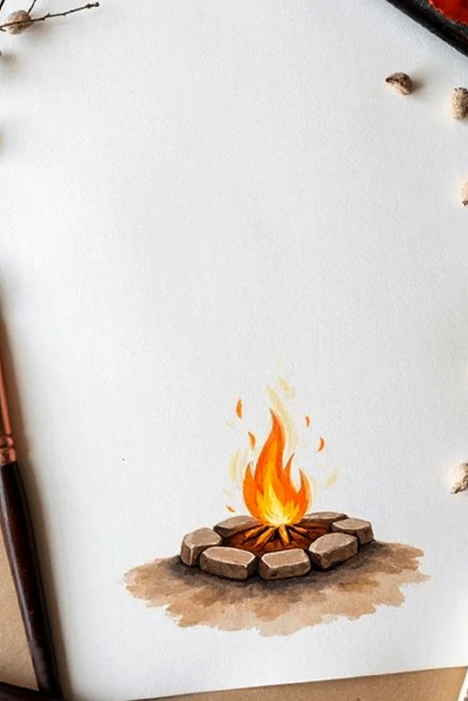 Illustration of a campfire surrounded by stones on paper, with a paintbrush and materials nearby.
