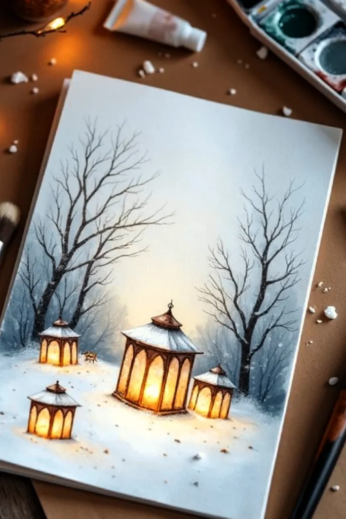 Painting of glowing lanterns in a snowy forest with bare trees, surrounded by art supplies.