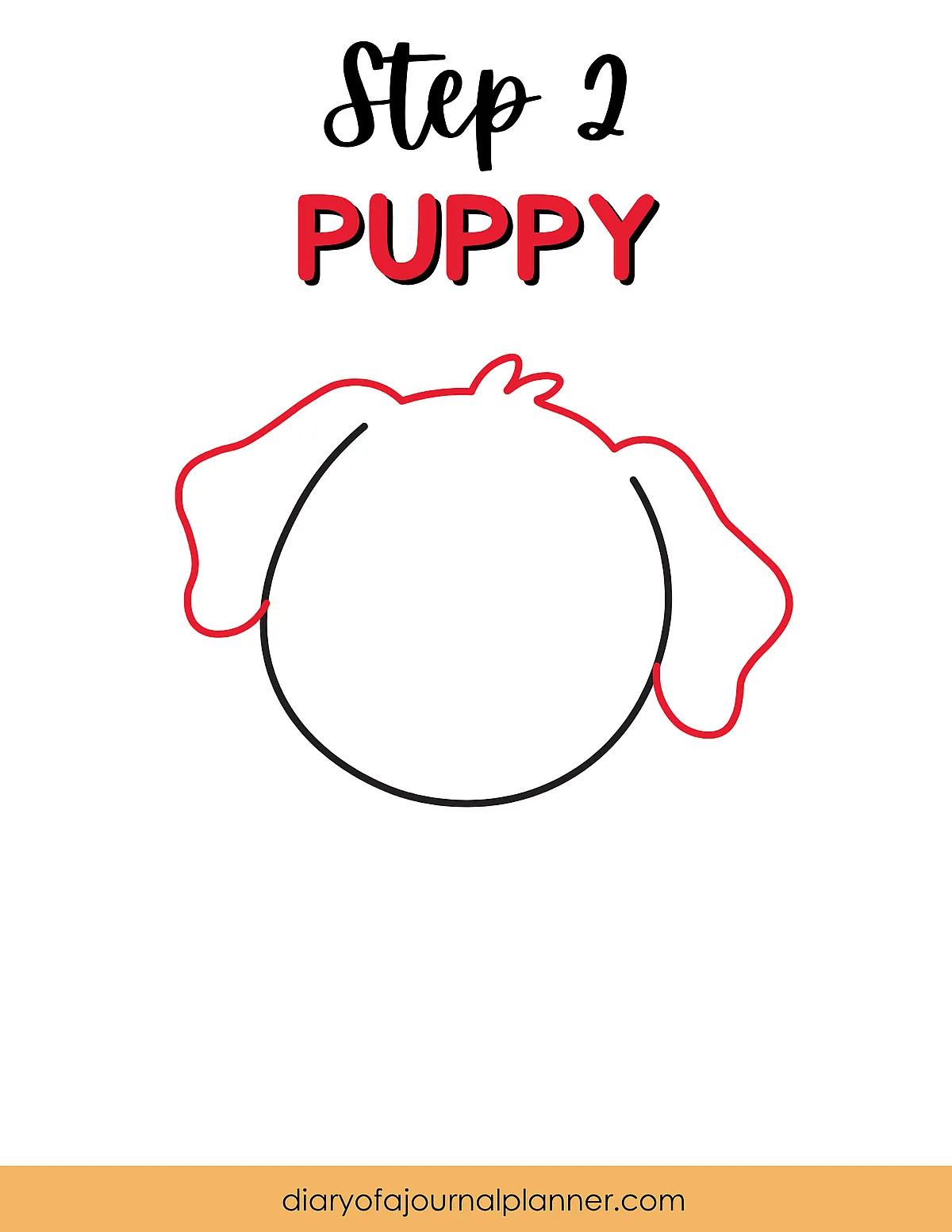 Step 2 of puppy drawing tutorial showing outline sketch of puppy's head with ears.