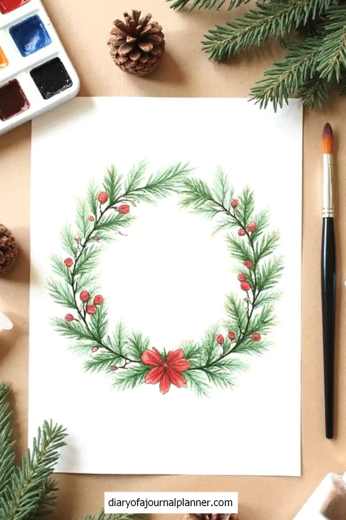 Watercolor Christmas wreath on paper surrounded by pinecones and art supplies, festive art scene.