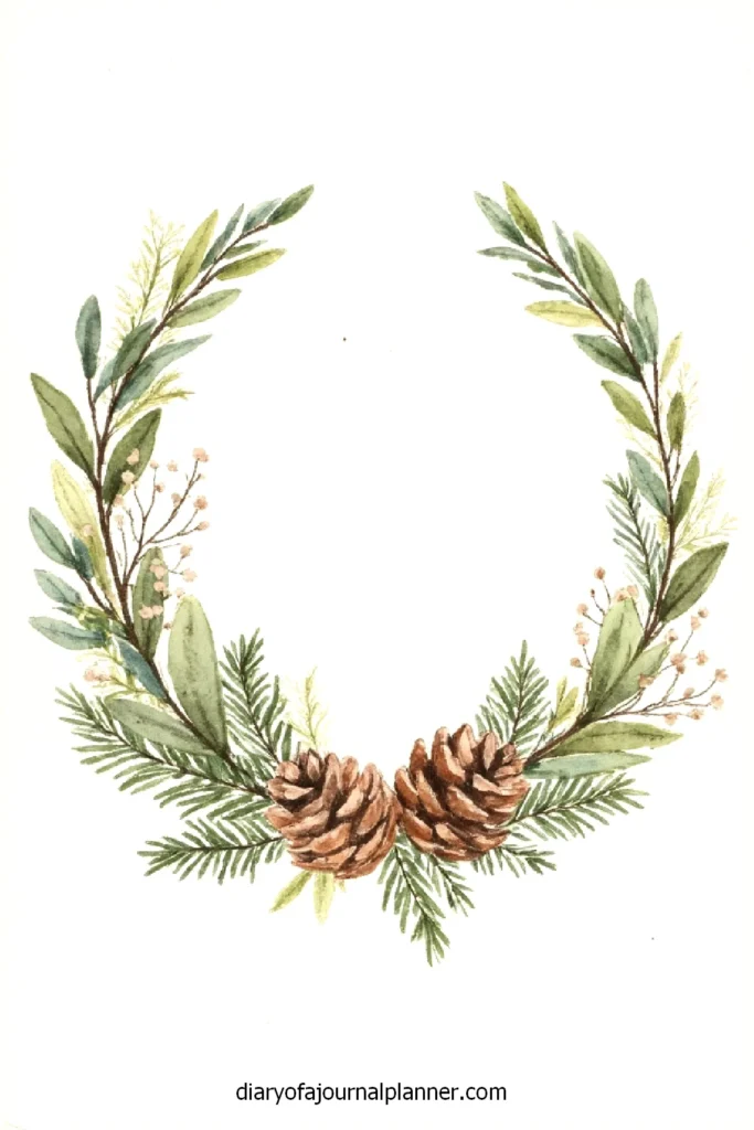 Watercolor wreath with greenery and pine cones, ideal for holiday crafts or nature-themed decor.