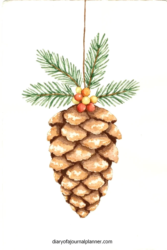 Illustration of a pine cone with evergreen branches and berries; hanging holiday decoration concept.