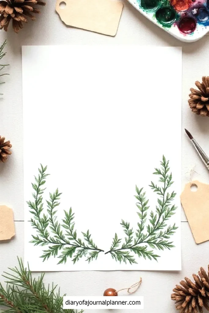 Blank paper with green foliage border, surrounded by pinecones, gift tags, and watercolor paints.